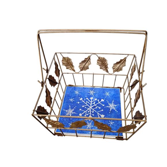 💙❄️Metal Square Basket Gold Holly Leaves & Blue Snowflake Tile Insert - Picture 4 of 12